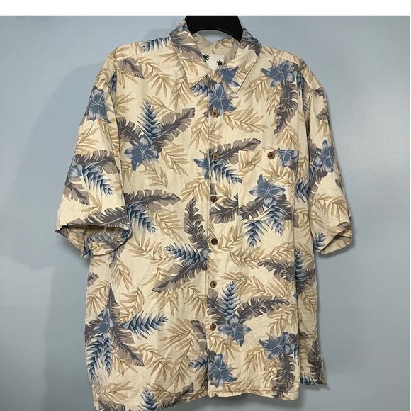 Banana Cabana Other - BANANA CABANA 100% Silk Hawaiian Men's Sz XL Tan Blue Floral Button Up Shirt